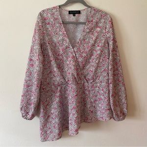 Eloquii Floral Faux Wrap Asymmetrical Hem Long Sleeve Top